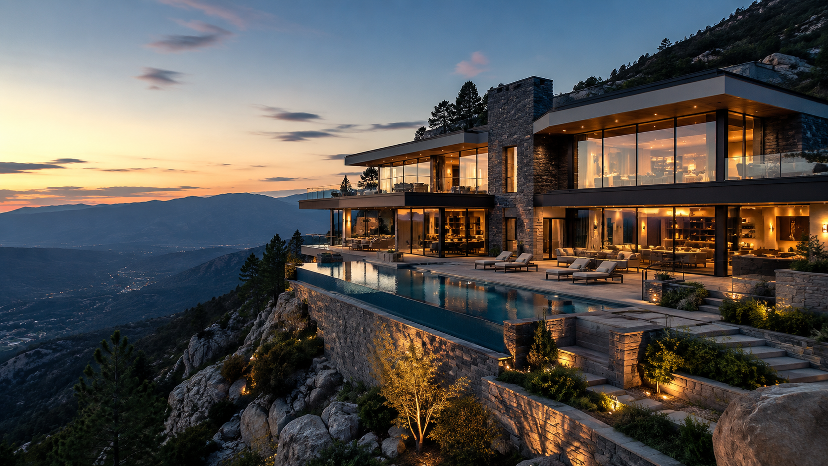 Luxury mountain villa furniture project at dusk