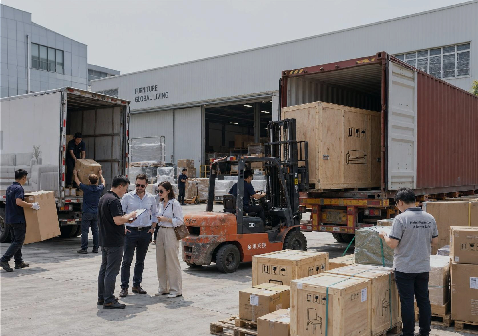 Global furniture export packaging, container loading and secure delivery